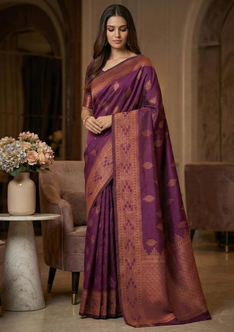 Wine Weaving Work Silk Saree Set - Indya