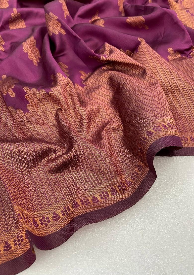 Wine Weaving Work Silk Saree Set - Indya