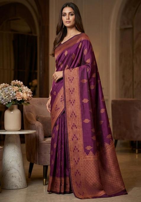 Wine Weaving Work Silk Saree Set