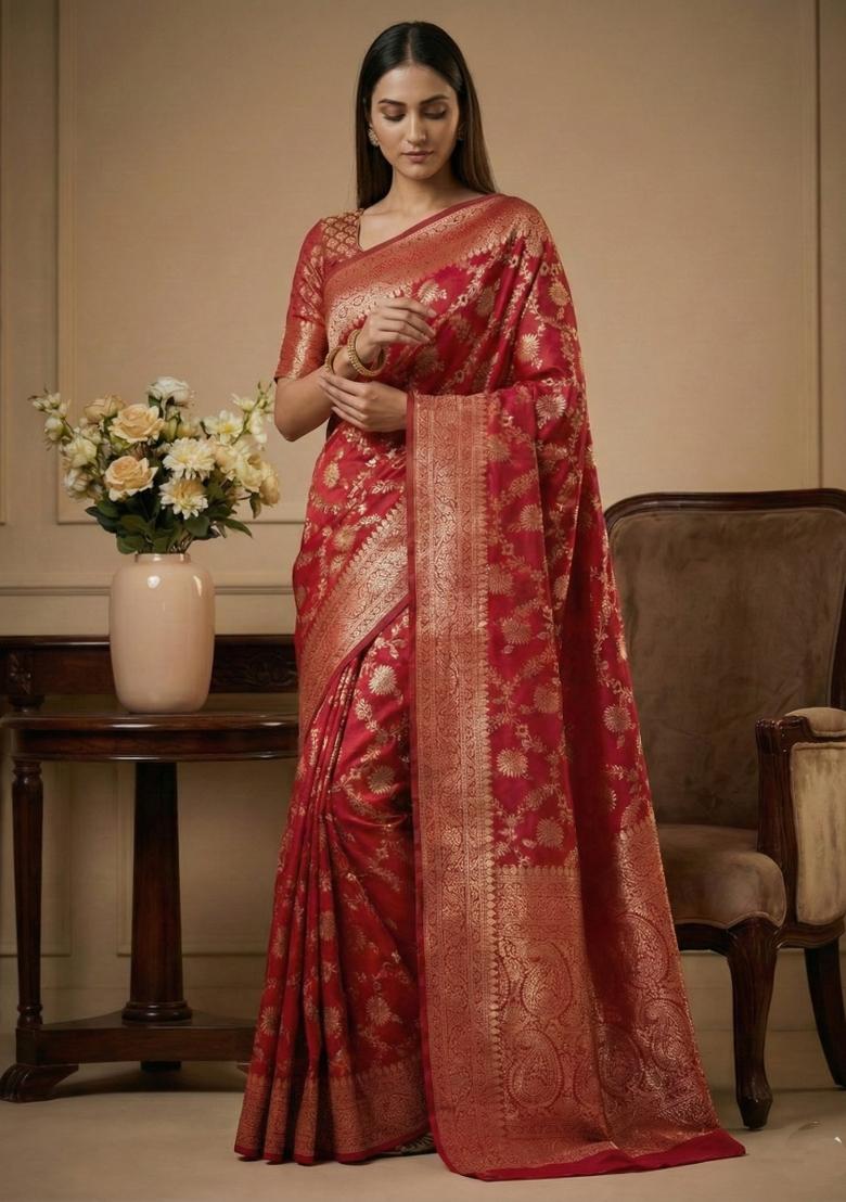 Pink Weaving Work Silk Saree Set - Indya