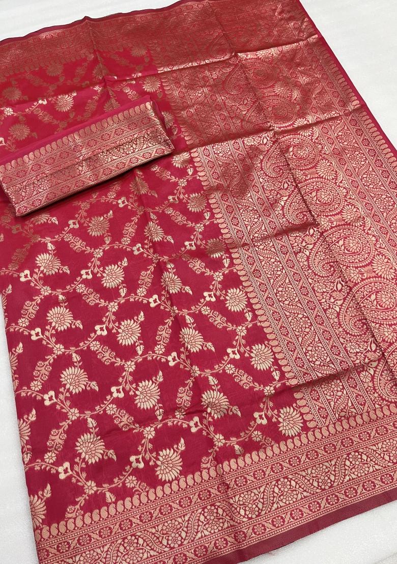 Pink Weaving Work Silk Saree Set - Indya