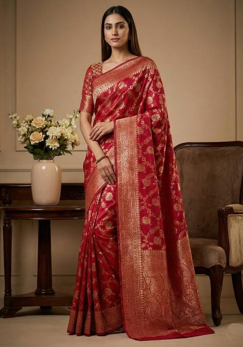 Pink Weaving Work Silk Saree Set
