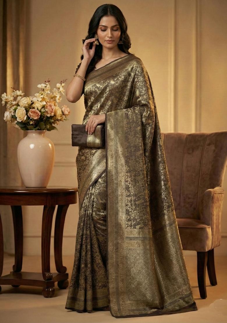 Black Weaving Work Silk Saree Set - Indya