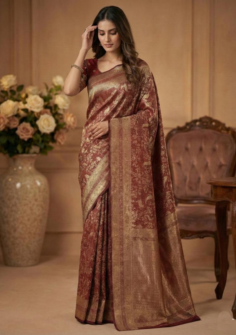 Maroon Weaving Work Silk Saree Set - Indya