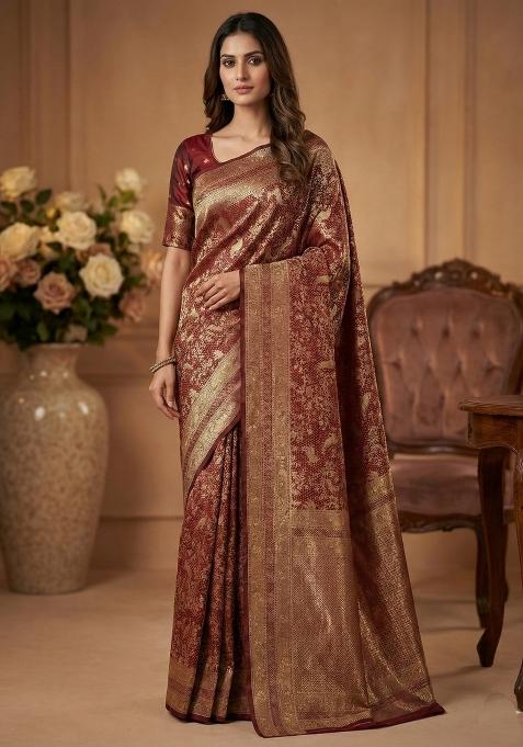 Maroon Weaving Work Silk Saree Set