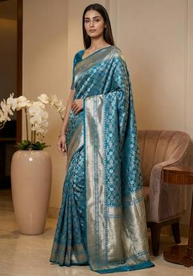 Firozi Weaving Work Silk Saree Set
