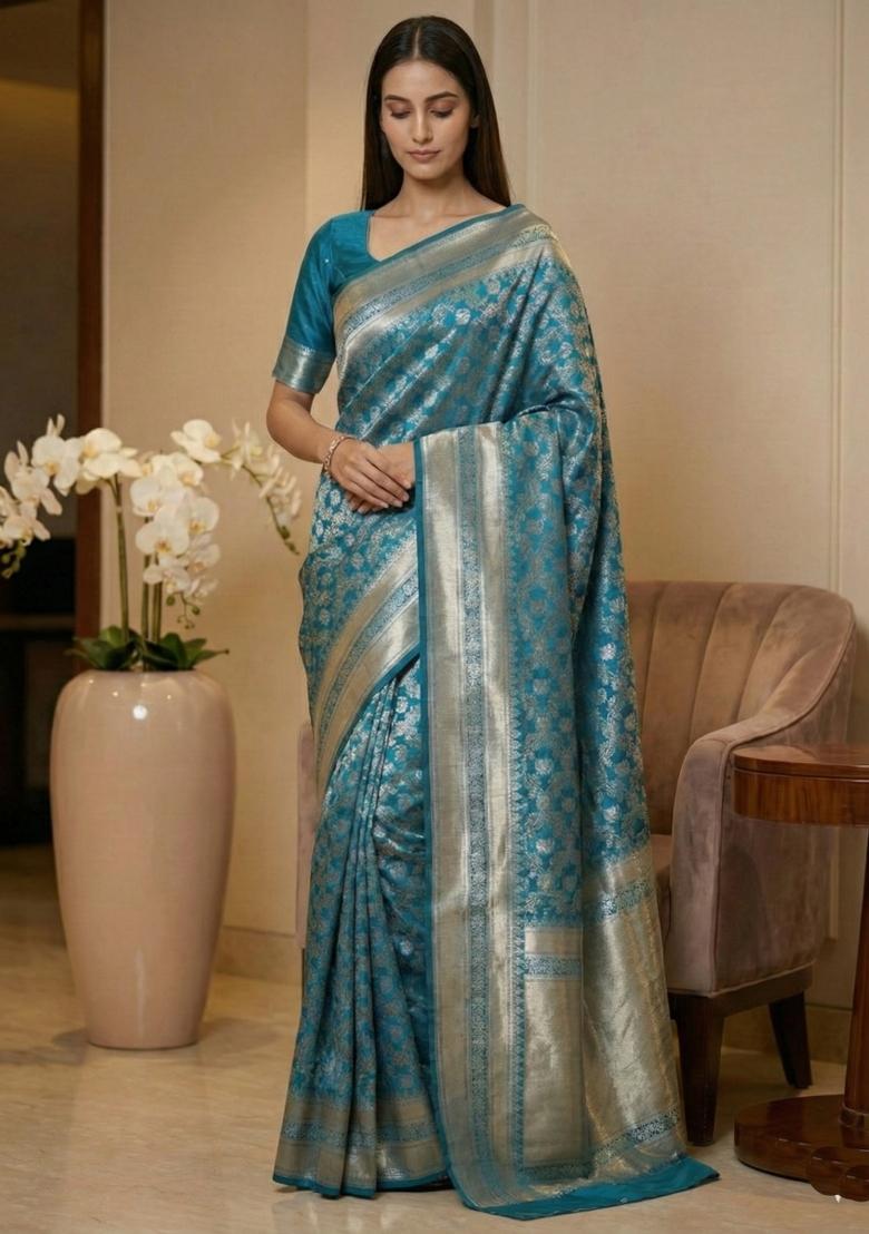 Firozi Weaving Work Silk Saree Set - Indya