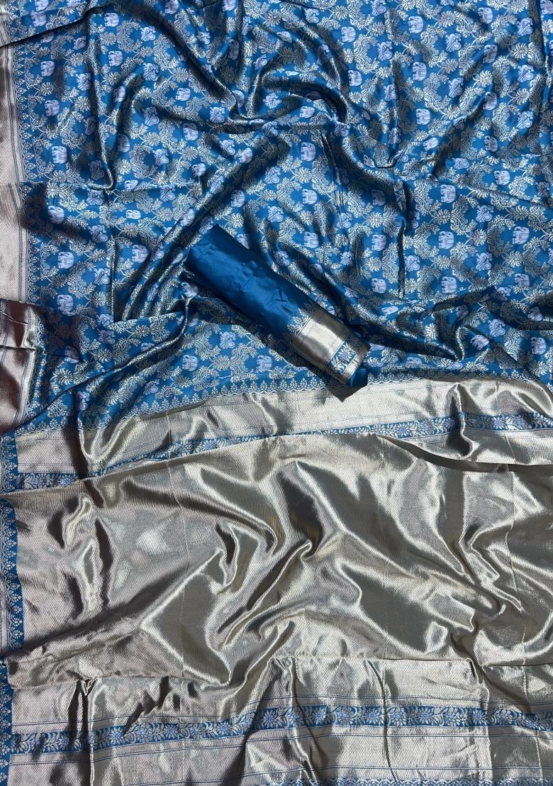 Firozi Weaving Work Silk Saree Set - Indya