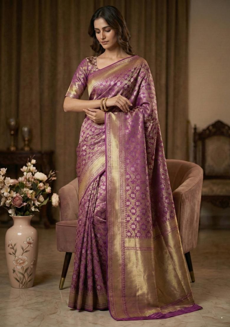 Purple Weaving Work Silk Saree Set - Indya