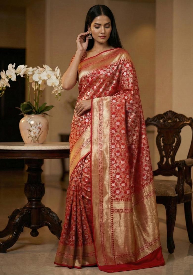 Red Weaving Work Silk Saree Set - Indya