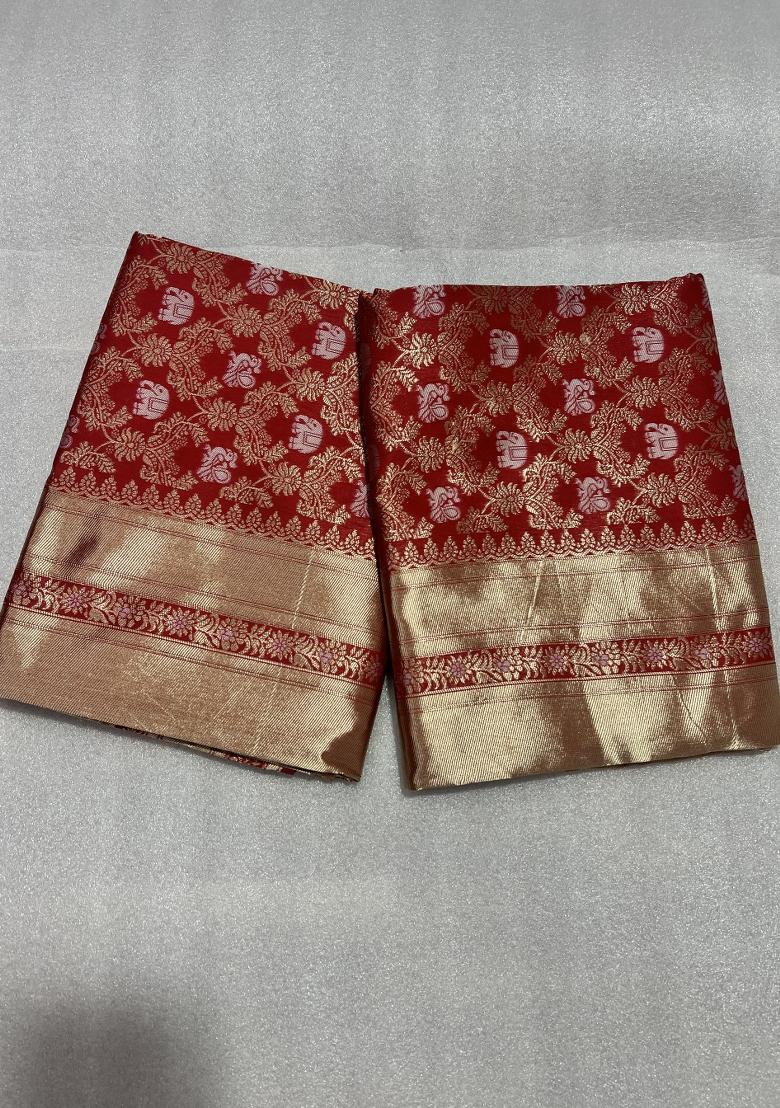 Red Weaving Work Silk Saree Set - Indya