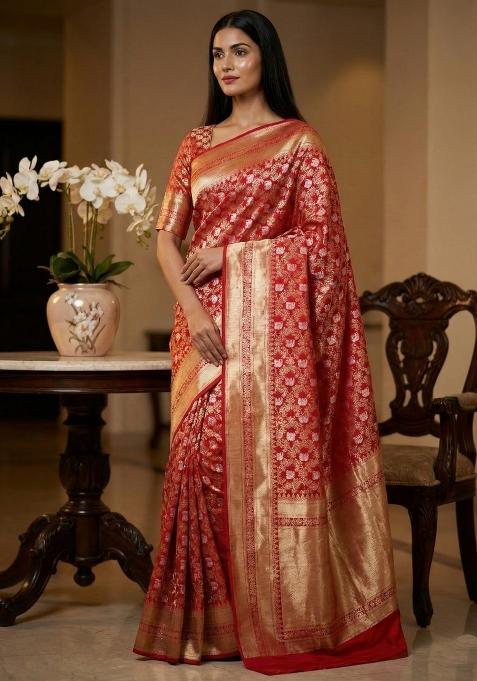 Red Weaving Work Silk Saree Set