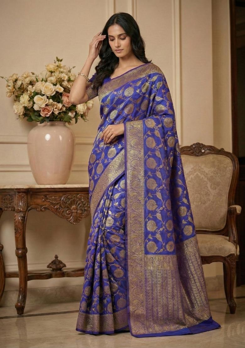 Royal Blue Weaving Work Silk Saree Set - Indya