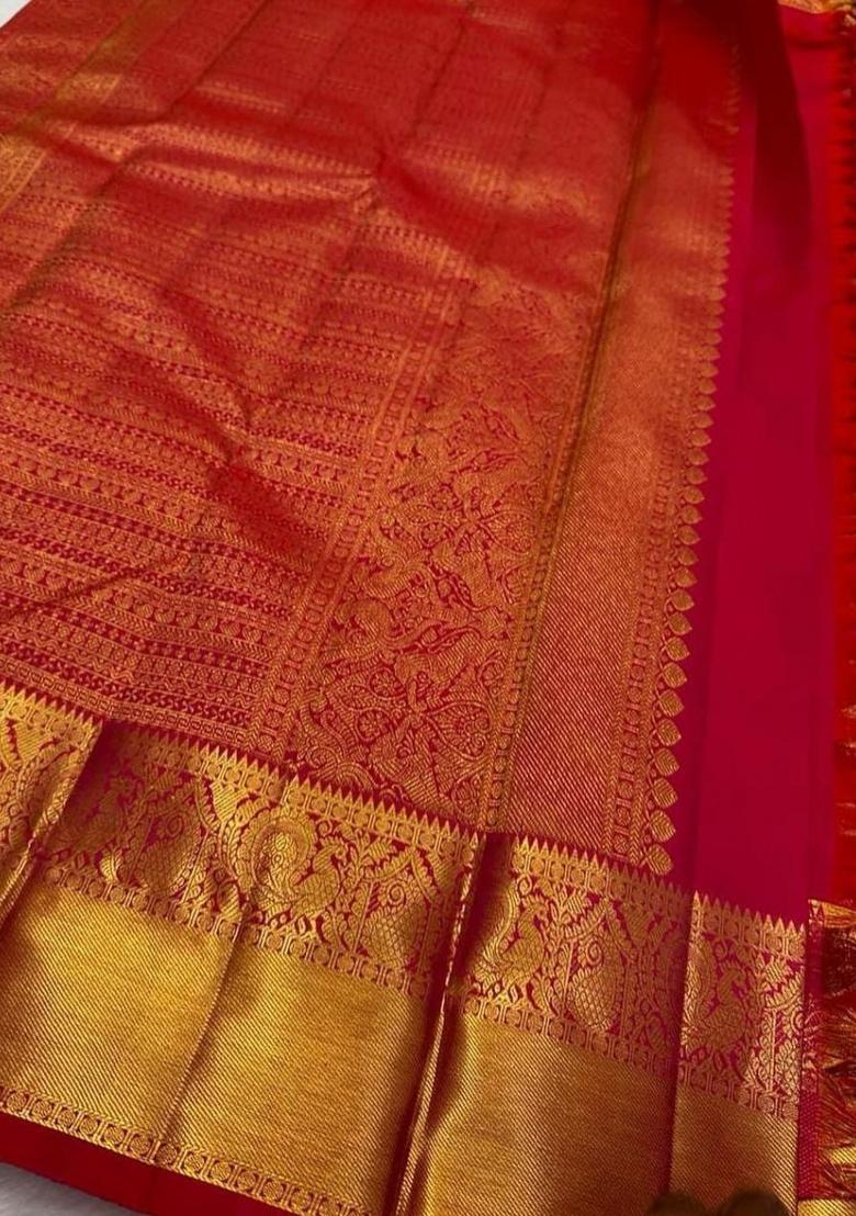 Red Weaving Work Silk Saree Set - Indya