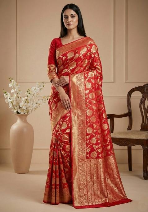Red Weaving Work Silk Saree Set
