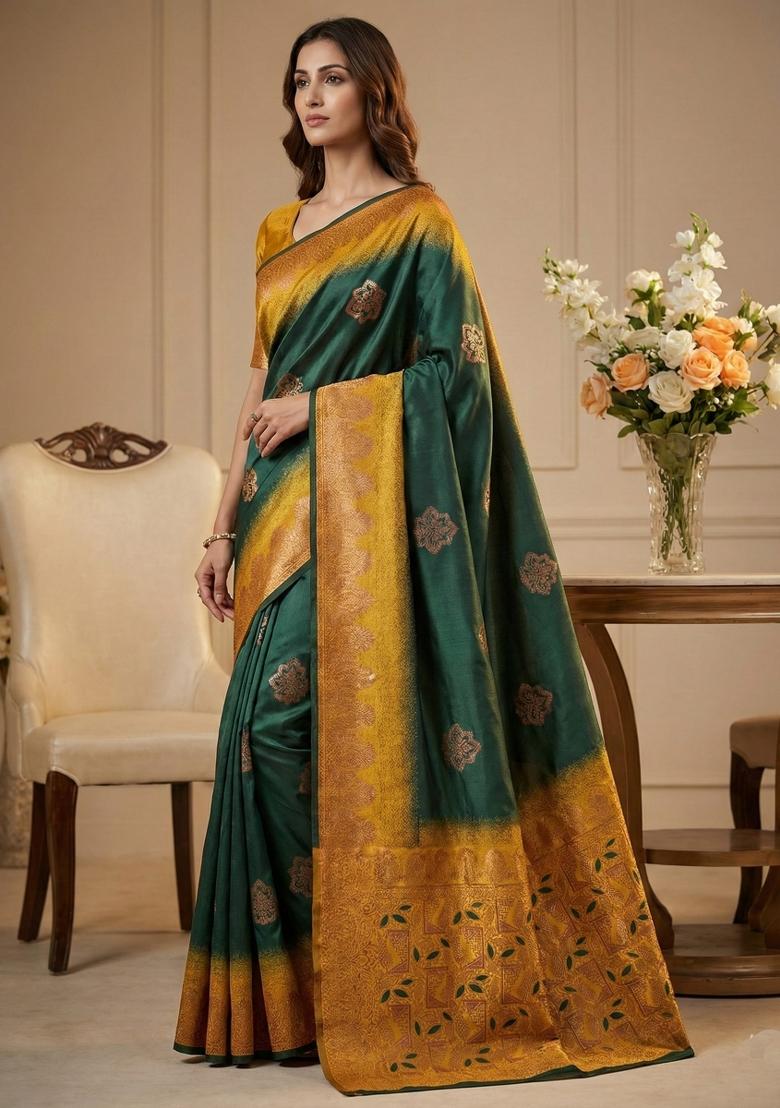 Green Weaving Work Silk Saree Set - Indya