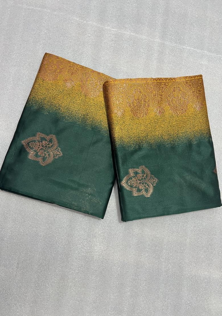 Green Weaving Work Silk Saree Set - Indya