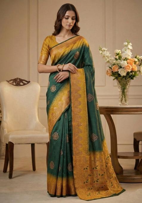 Green Weaving Work Silk Saree Set