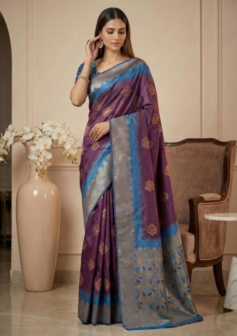 Purple Weaving Work Silk Saree Set - Indya
