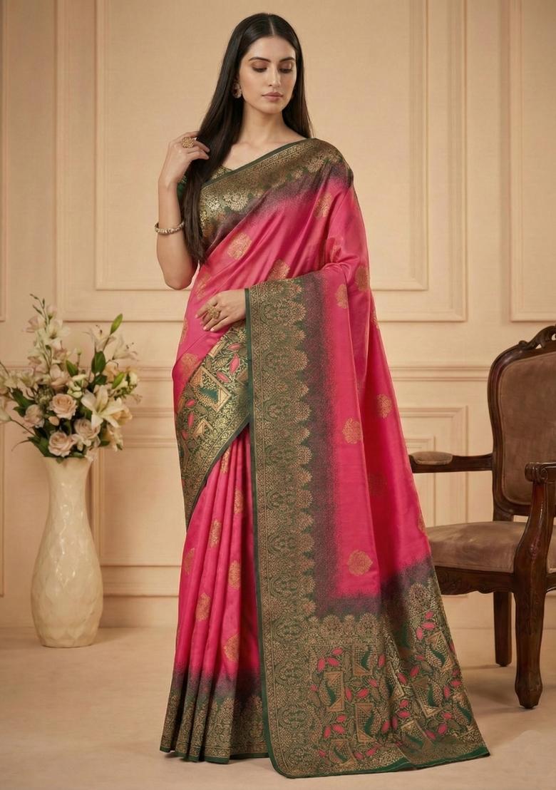Pink Weaving Work Silk Saree Set - Indya