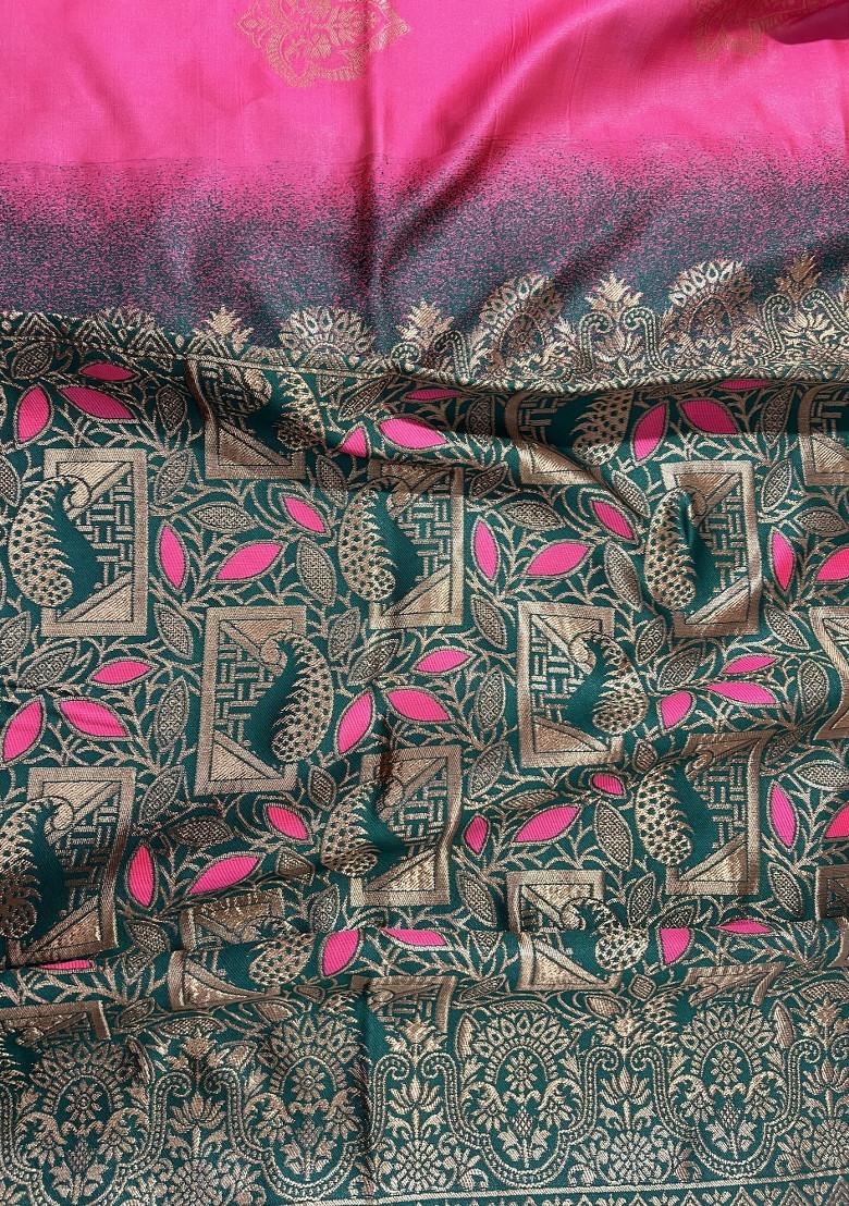 Pink Weaving Work Silk Saree Set - Indya
