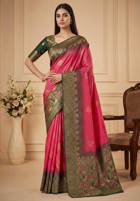 Pink Weaving Work Silk Saree Set