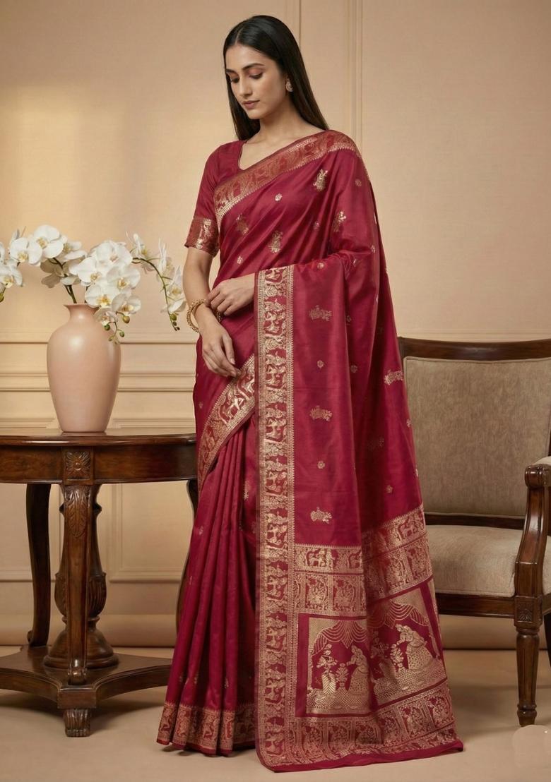 Cherry Weaving Work Silk Saree Set - Indya