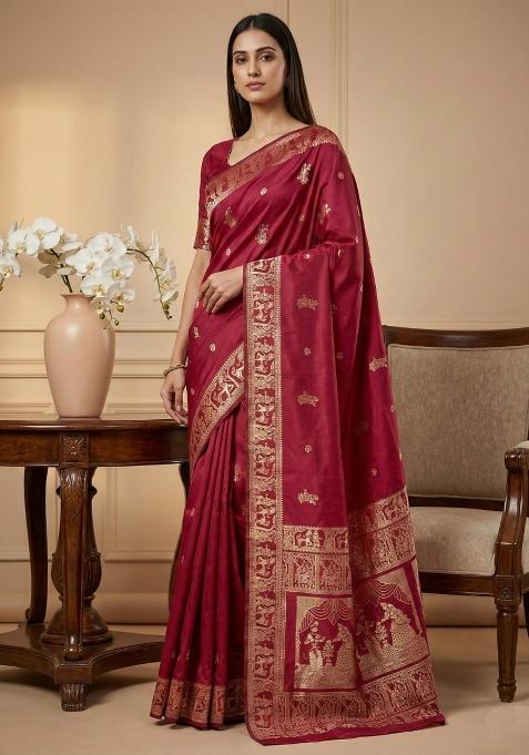 Cherry Weaving Work Silk Saree Set