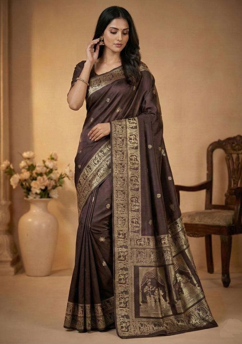 Dark Brown Weaving Work Silk Saree Set - Indya