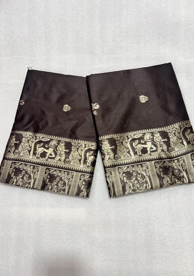 Dark Brown Weaving Work Silk Saree Set - Indya