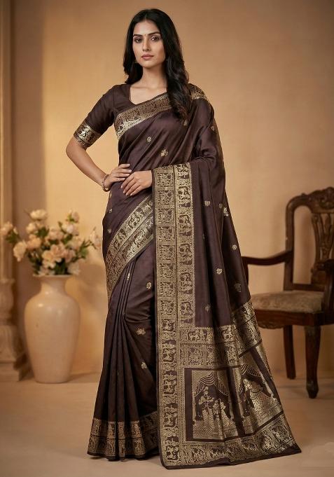 Dark Brown Weaving Work Silk Saree Set