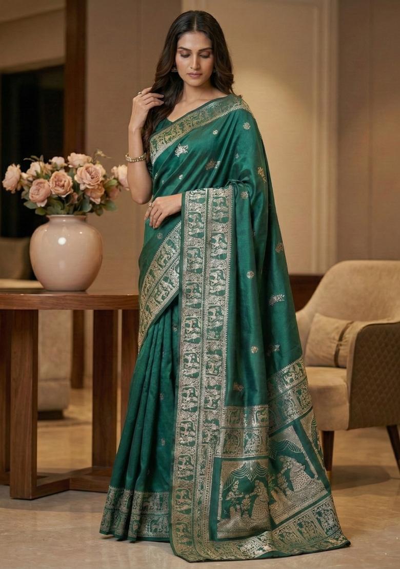 Rama Green Weaving Work Silk Saree Set - Indya