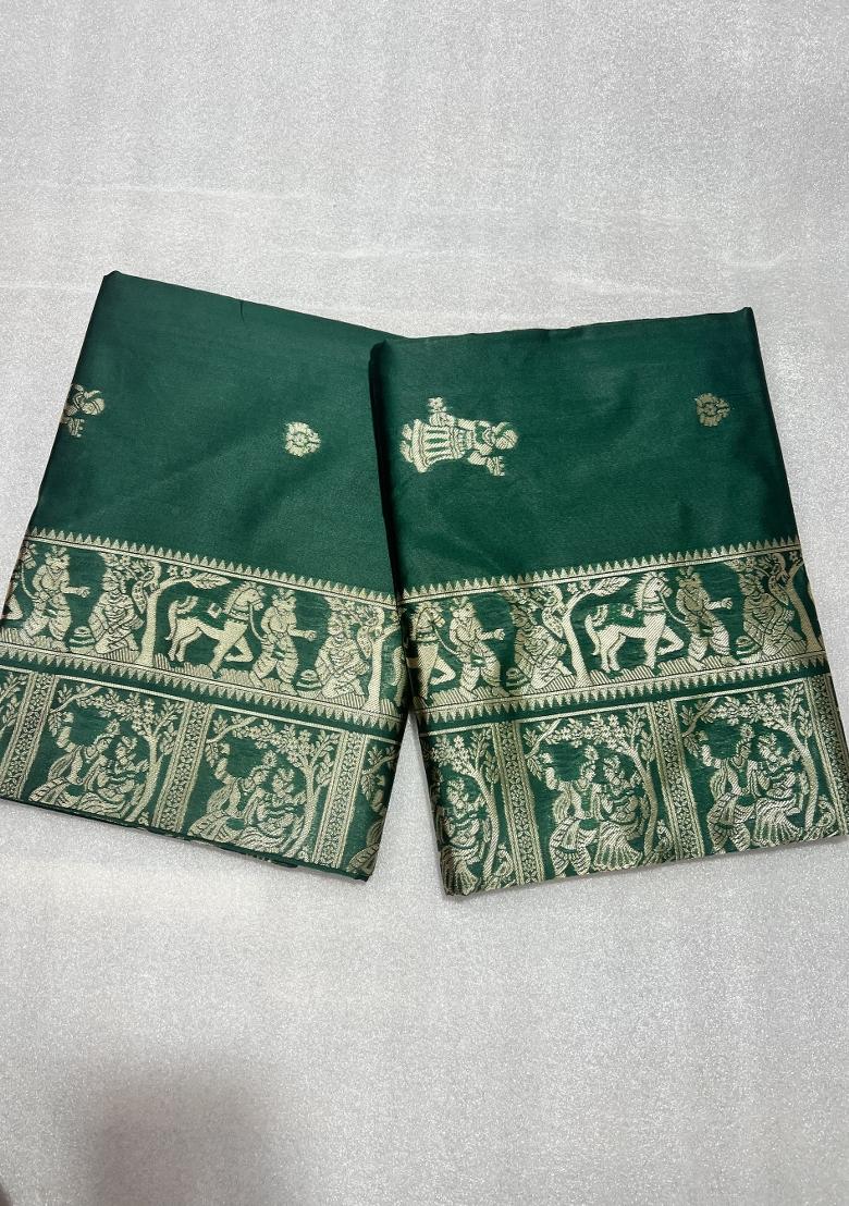 Rama Green Weaving Work Silk Saree Set - Indya