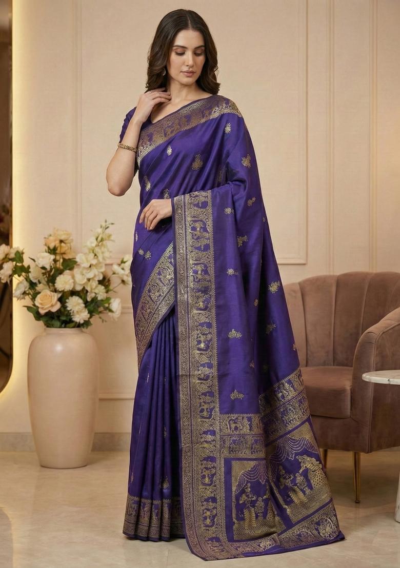 Blue Weaving Work Silk Saree Set - Indya