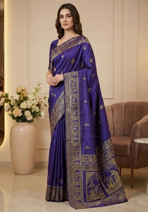 Blue Weaving Work Silk Saree Set — view on Indya