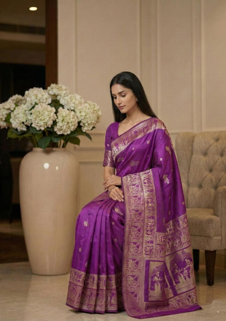 Purple Weaving Work Silk Saree Set - Indya
