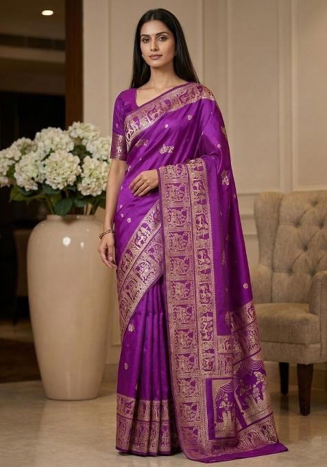 Purple Weaving Work Silk Saree Set