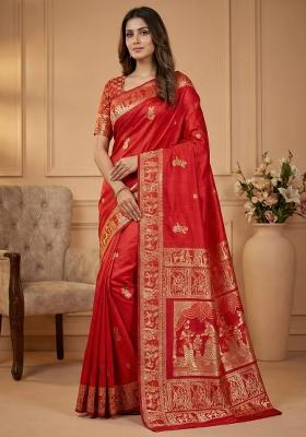 Red Weaving Work Silk Saree Set