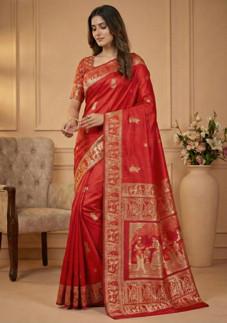 Red Weaving Work Silk Saree Set - Indya