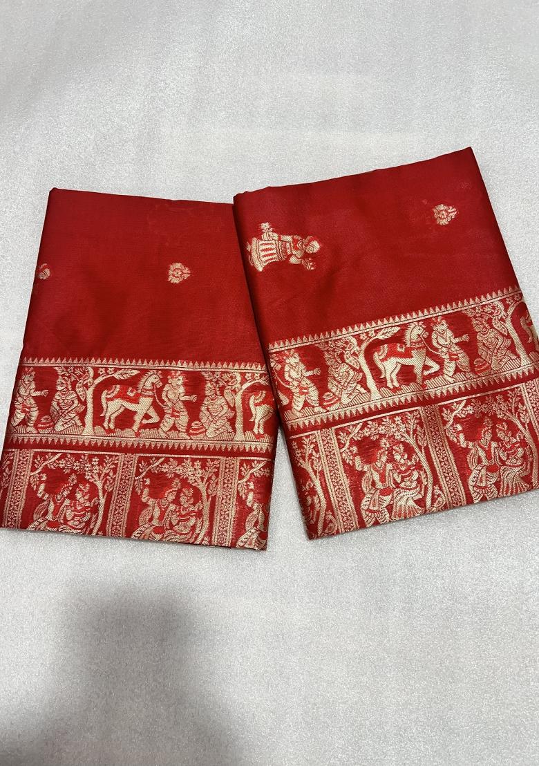 Red Weaving Work Silk Saree Set - Indya
