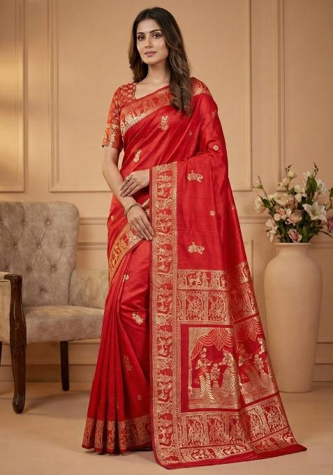 Red Weaving Work Silk Saree Set