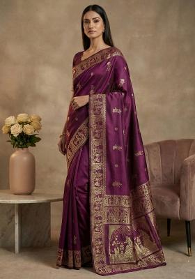 Wine Weaving Work Silk Saree Set