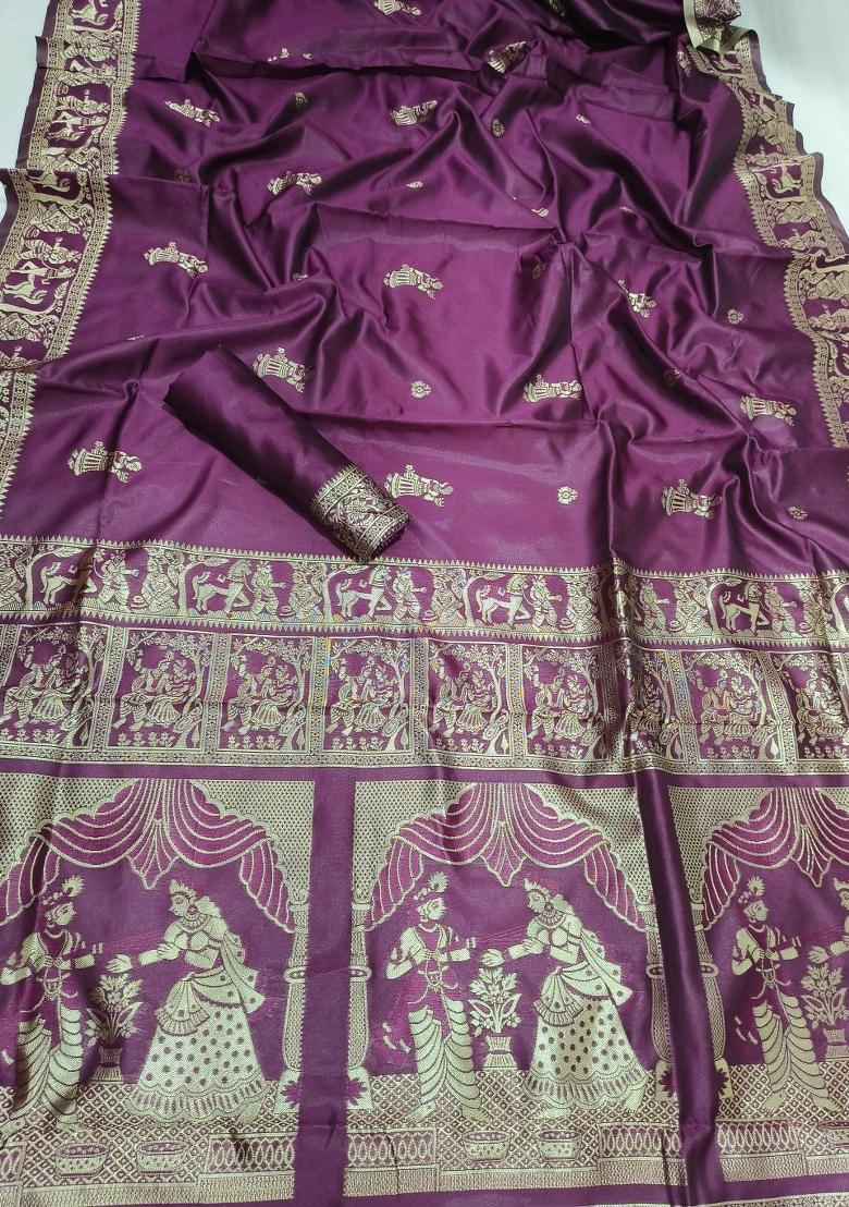 Wine Weaving Work Silk Saree Set - Indya