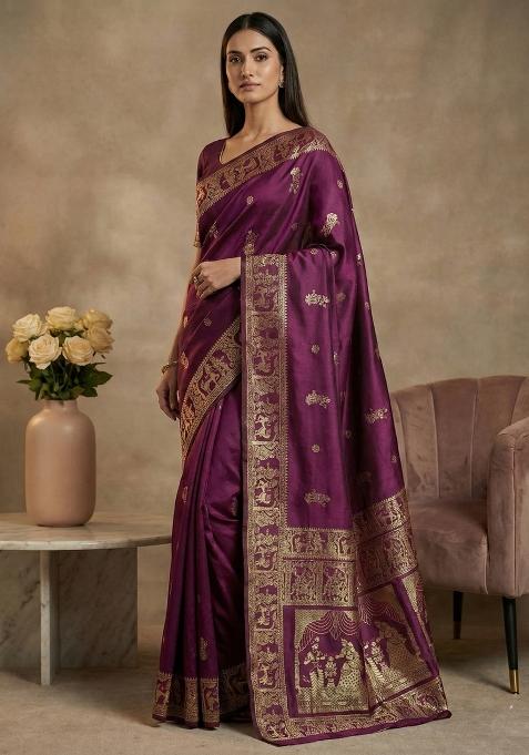 Wine Weaving Work Silk Saree Set