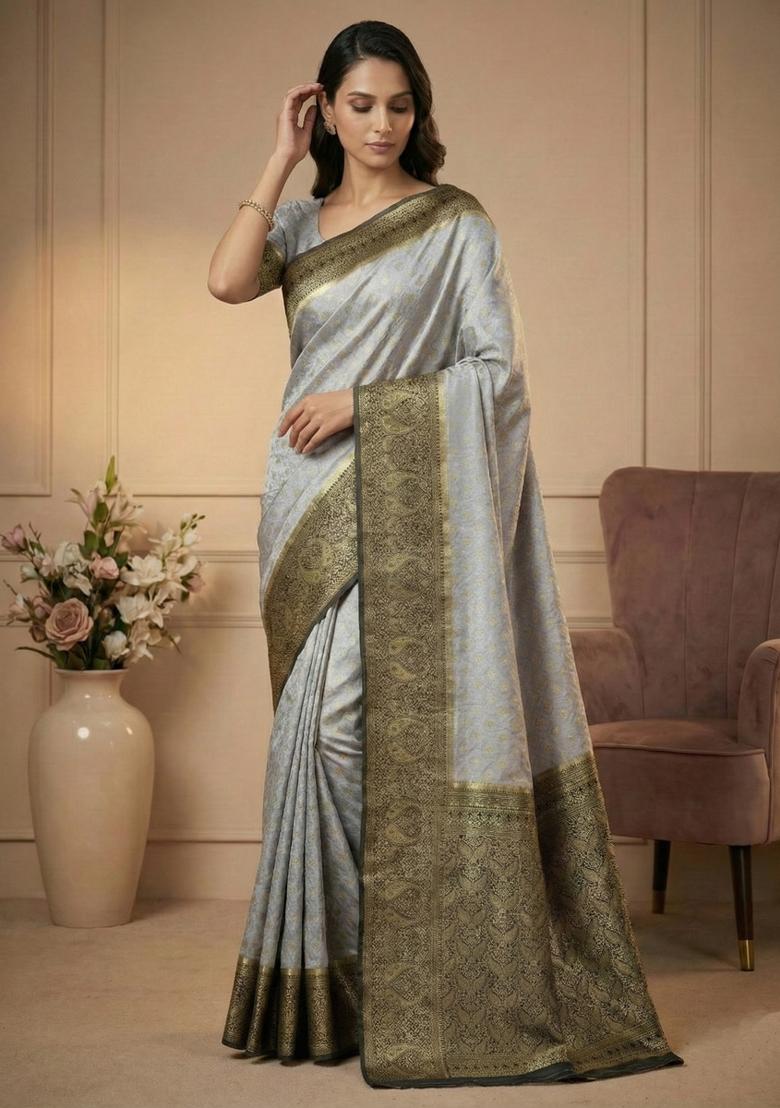 Grey Weaving Work Silk Saree Set - Indya