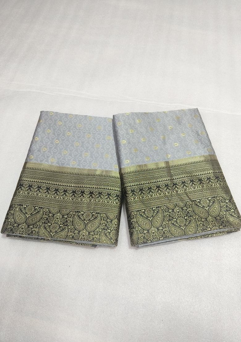 Grey Weaving Work Silk Saree Set - Indya