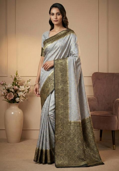 Grey Weaving Work Silk Saree Set