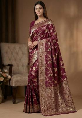 Burgundy Weaving Work Silk Saree Set