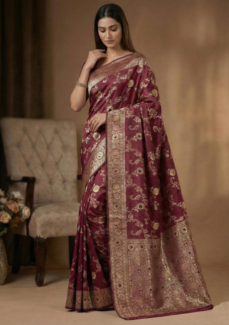 Burgundy Weaving Work Silk Saree Set - Indya