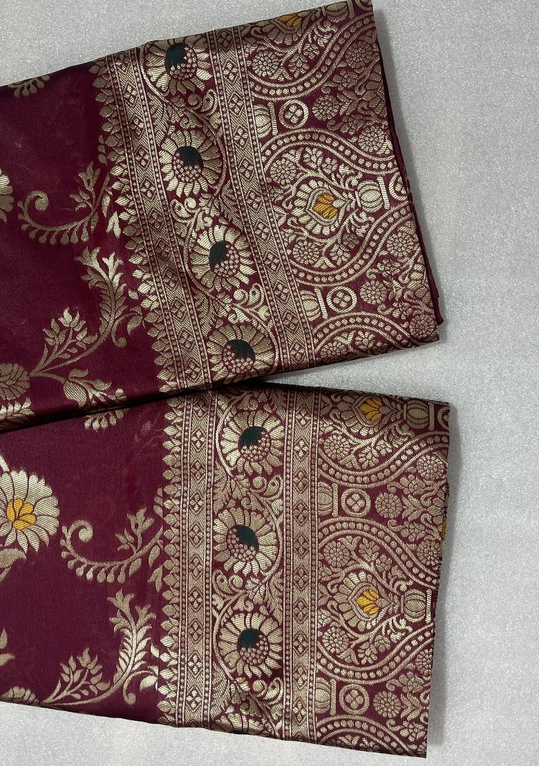 Burgundy Weaving Work Silk Saree Set - Indya